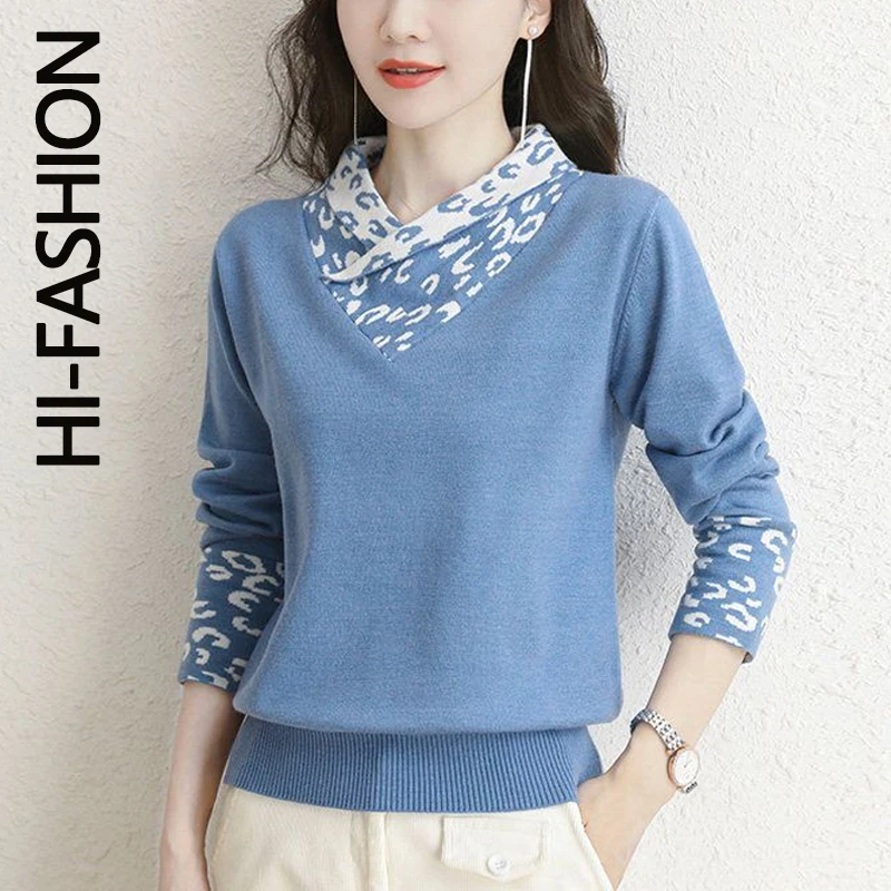 HI-FASHION Women Lady Sweaters Design Clothes V-neck Tender Patchwork Basic Soft Female Autumn Warm Retro Simple Pullovers