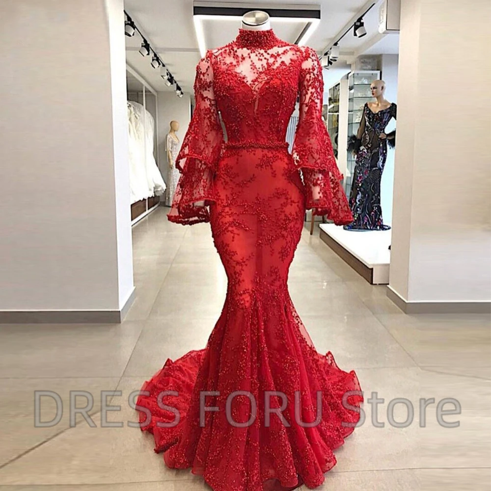 High Collar Illusion Tulle Evening Dress Long Flare Sleeve Lace Applique Mermaid Floor Length with Belt Sweep Train Gowns