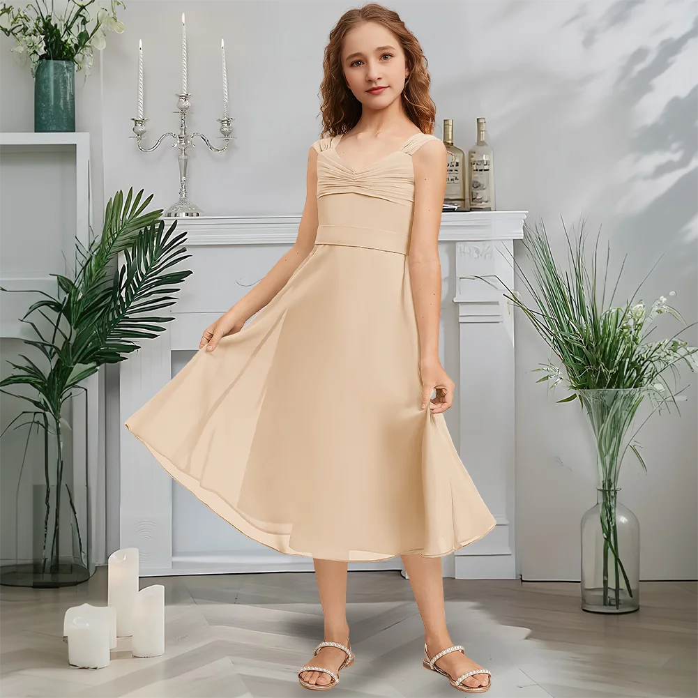 Платье трапециевидной формы для юных подружек невесты, темно-синее платье с цветочным узором для девочек, с v-образным вырезом, длиной до чая, шифоновое садовое праздничное свадебное платье