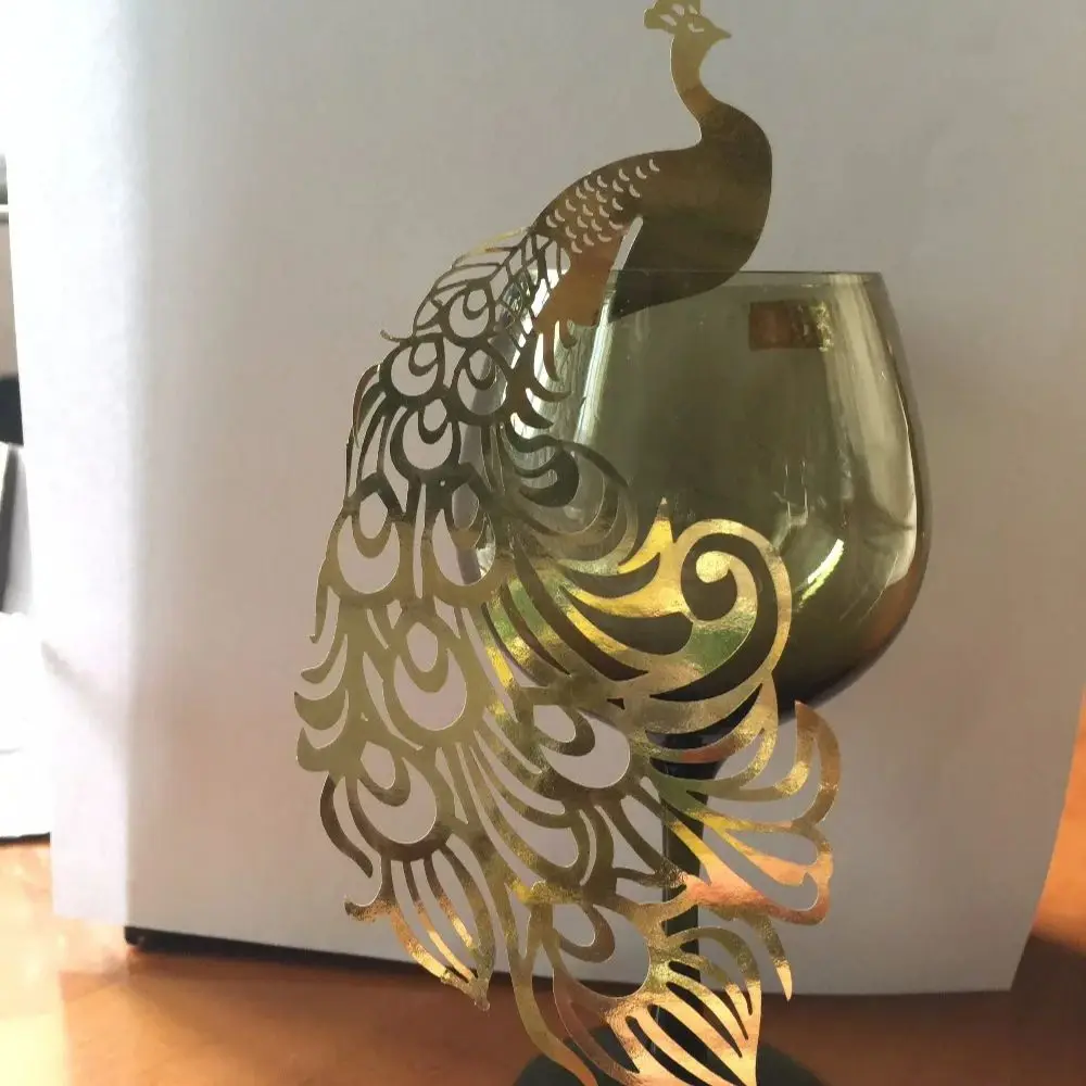 10pcs Metallic Gold Peacock Laser Cut Paper Place Card, Escort Card, Cup Card, Wine Glass Card, Wedding Party Decoration