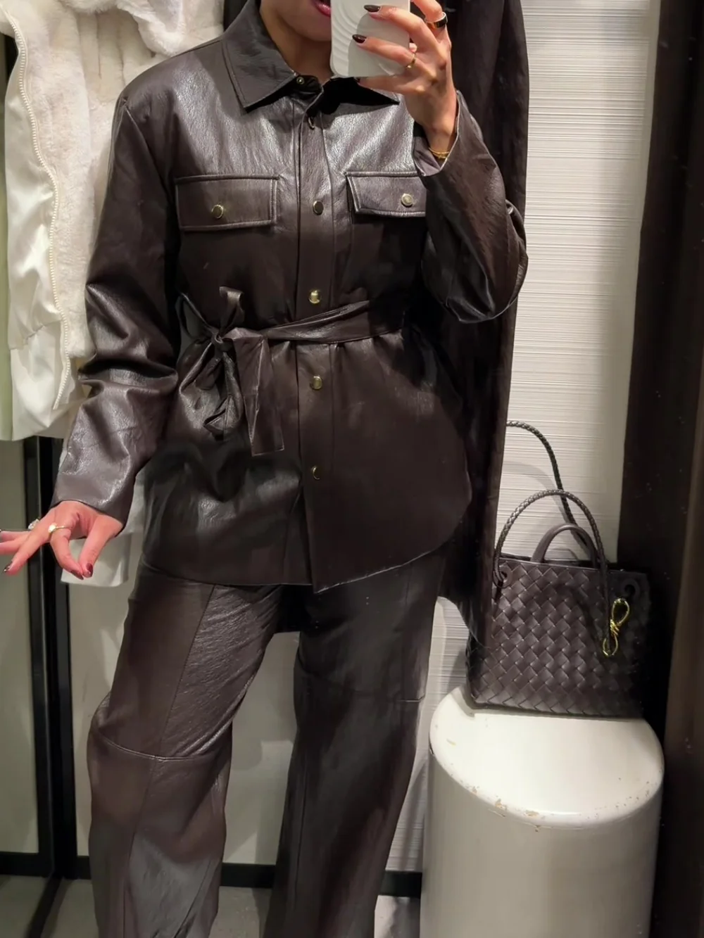 Casual Chic Chocolate Brown Leather Jackets Women Long Sleeve Buttons Sashes Coats Fashion 2025 Streetwear Outwears