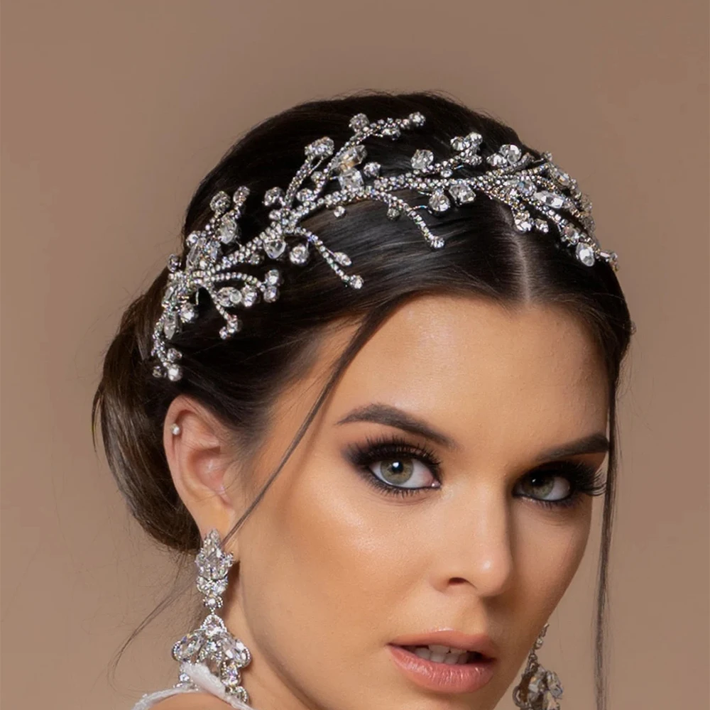 Luxury Rhinestone Bridal Leaves Headpiece Crown Baroque Hair Accessories Summer Elegant Crystal Wedding Headband Indian Jewelry