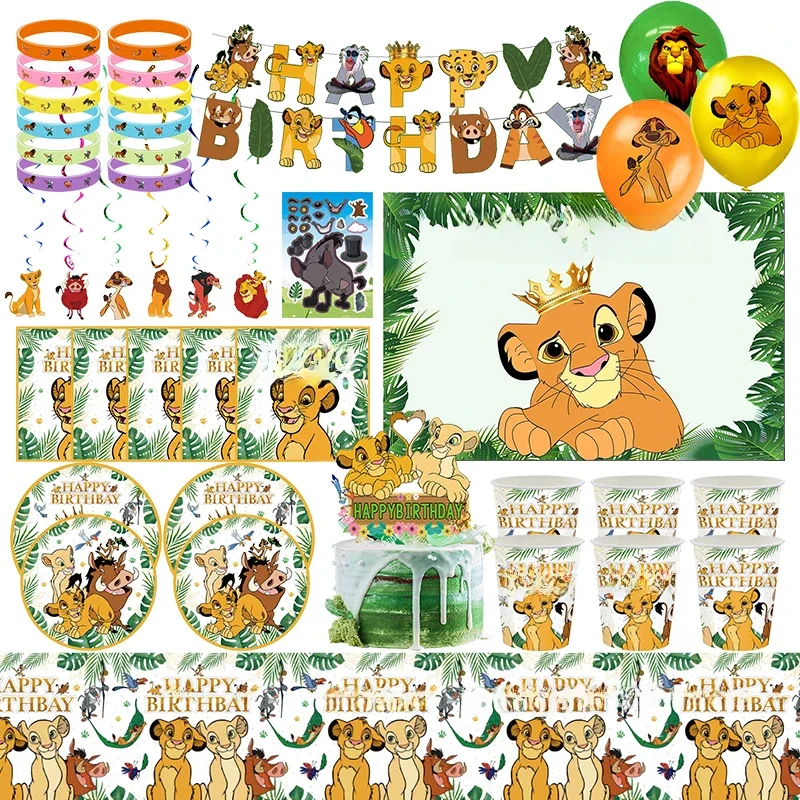 Décoration d'anniversaire du roi Lion Disney, vaisselle Simba, gobelets en papier, assiettes, nappe, fournitures de fête, ballons, cadeaux pour enfants