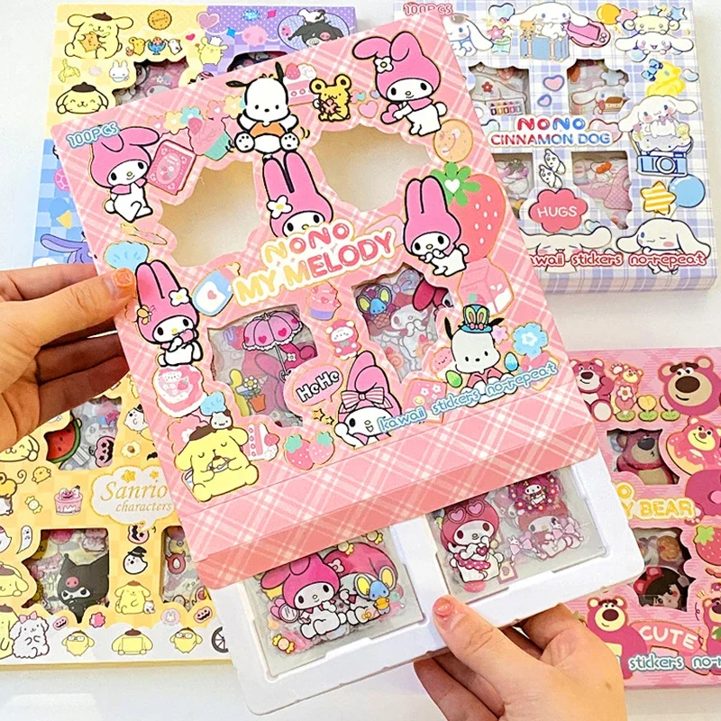 100Pcs Sanrio Kuromi Melody Cinnamoroll PET Transparent Waterproof Stickers Cartoon DIY Stationery Hand Ledger Sticker Gift Box