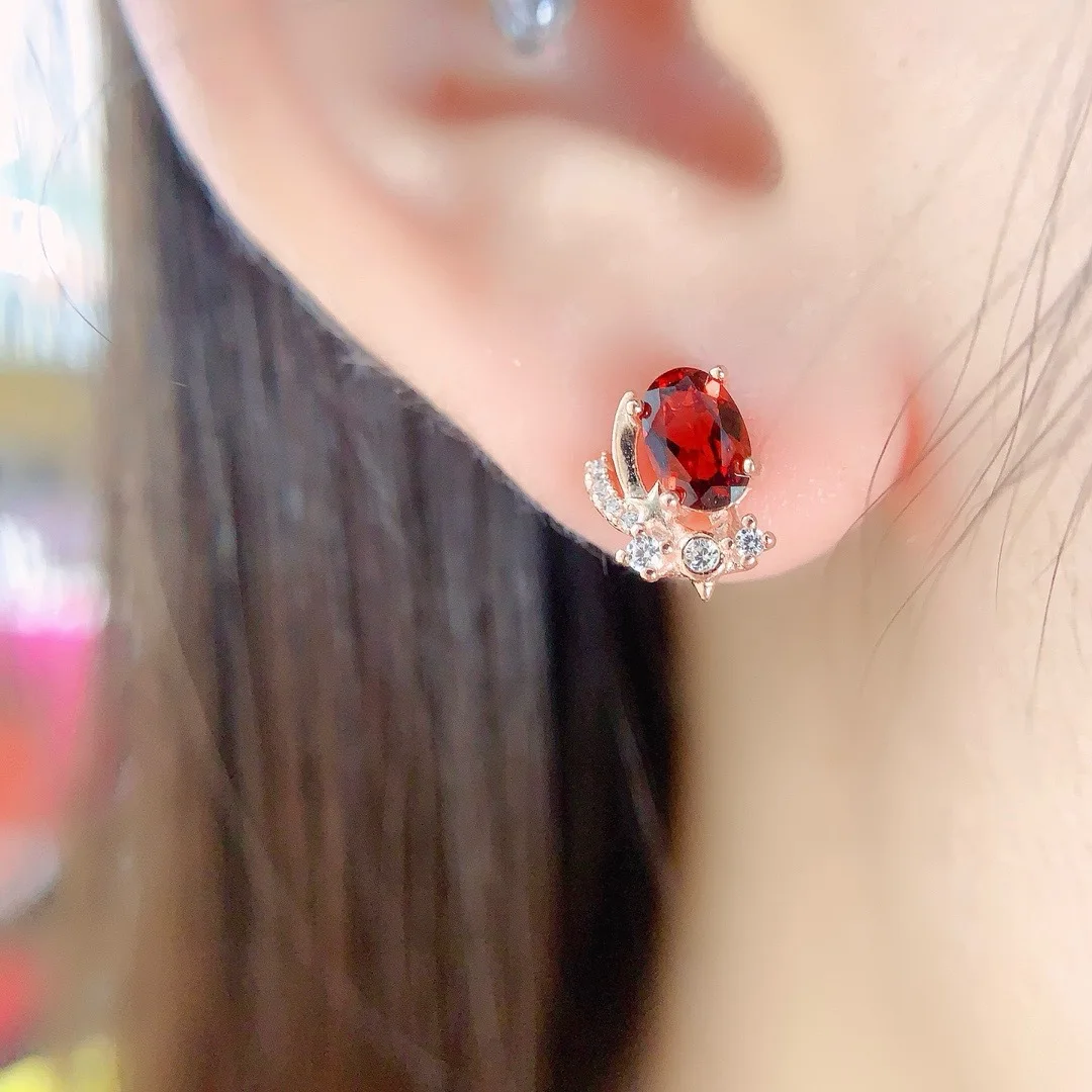 KJJEAXCMY Fine Jewelry 925 Sterling Silver Inset with Natural Garnet 4x6mm Girls Electroplated 18K Rose Gold Earrings  GiFT