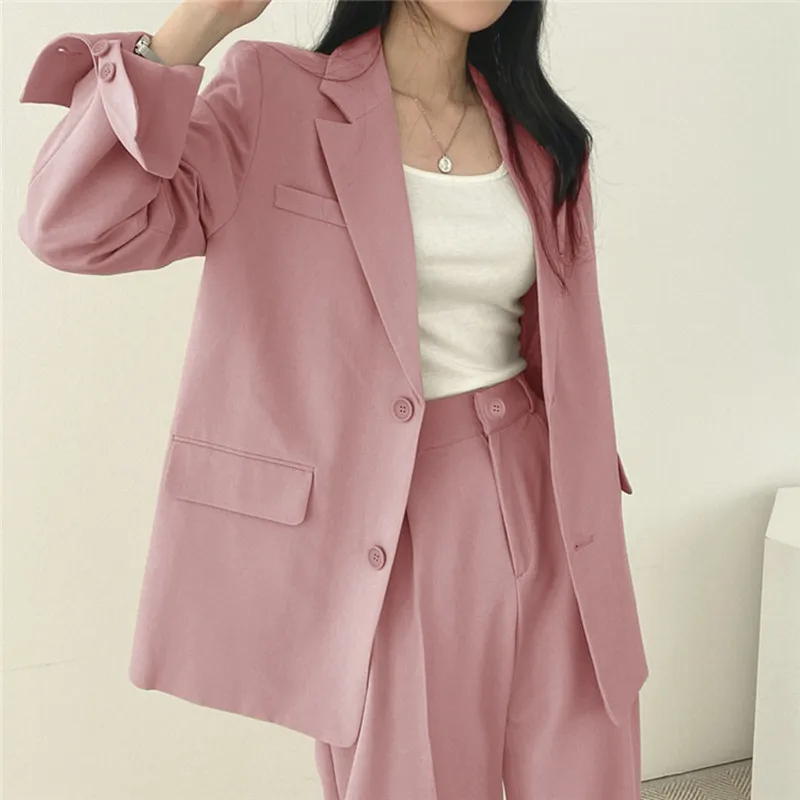 Woman 2PCS Suits Pink Blazer Jacket Long Pants Trousers 2024 Office Lady Two-Piece Single Breasted Business Outwear ZX-828