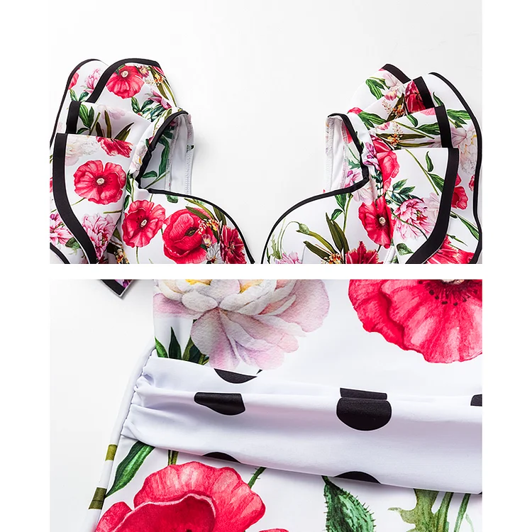 2024 Ruffled Rose Printed One Piece Swimsuit and Skirt Swimwear Set Women Beachwear Luxury Bathing Suit