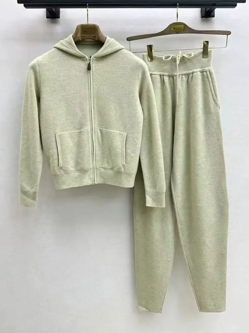 Autumn and Winter 100% Cashmere Casual Knit Hooded Cardigan and Drawn Trousers Set