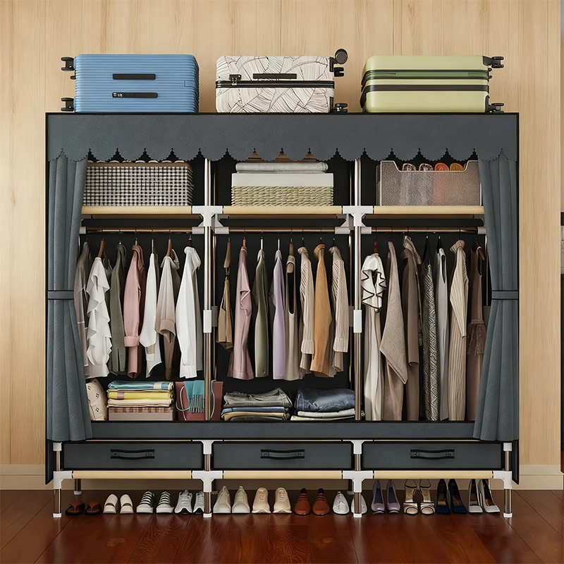 작은 공간을 위한 휴대용 옷 정리함 - 견고한 16mm 금속 프레임, 3칸 + 3개의 걸이 공간 + 3개의 서랍, 먼지 방지 옷장