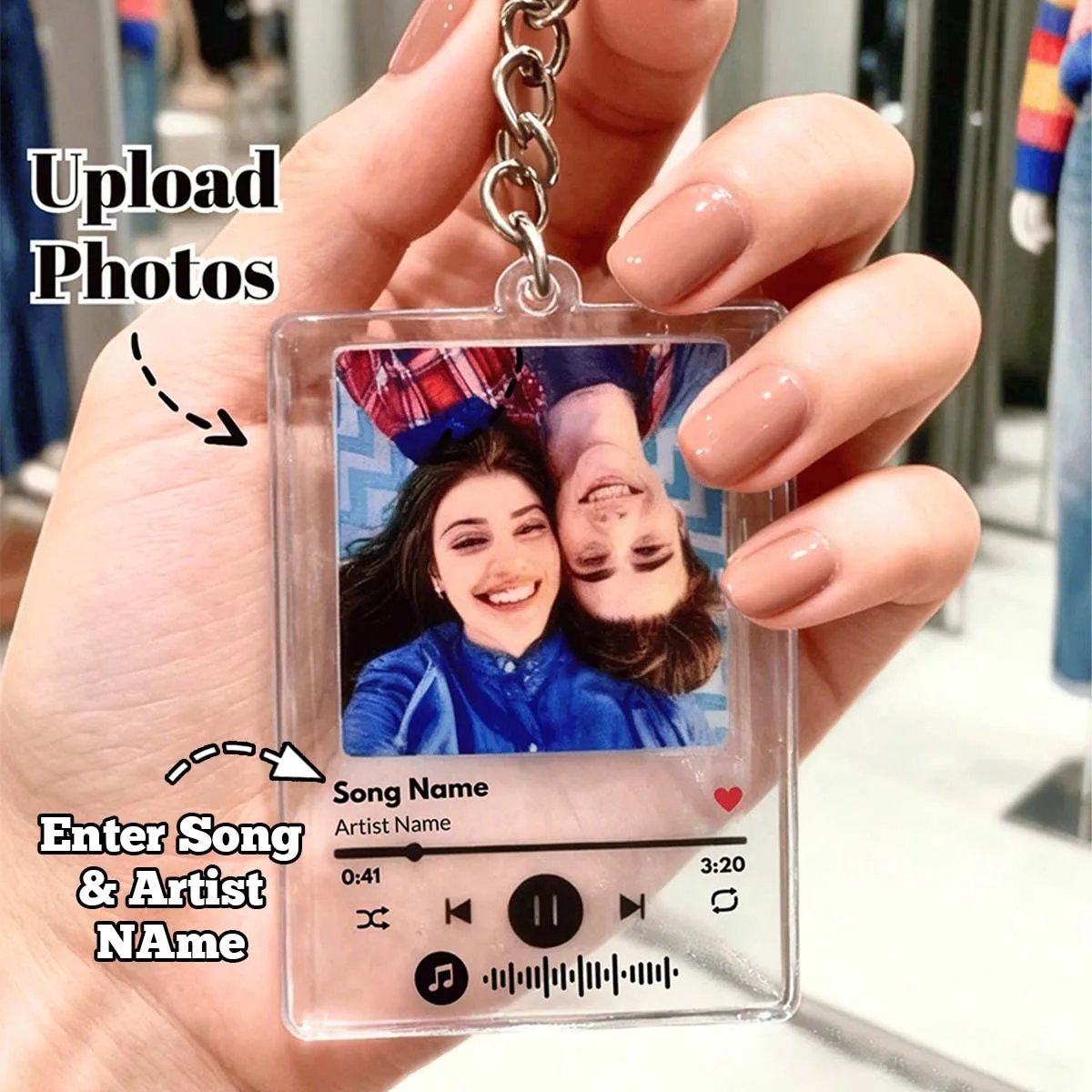 Colgante de acrílico personalizado con llave, imágenes personalizadas, nombre y código de canción personalizables, llavero para parejas, regalo de San Valentín