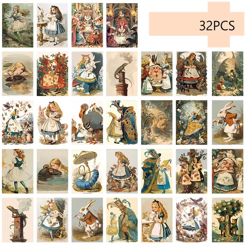32 sztuki, pocztówki Vintage Alicja w Krainie Czarów, naklejki do dekoracji pokoju, materiały broszury, pamiątki, przedmioty kolekcjonerskie i wysyłka
