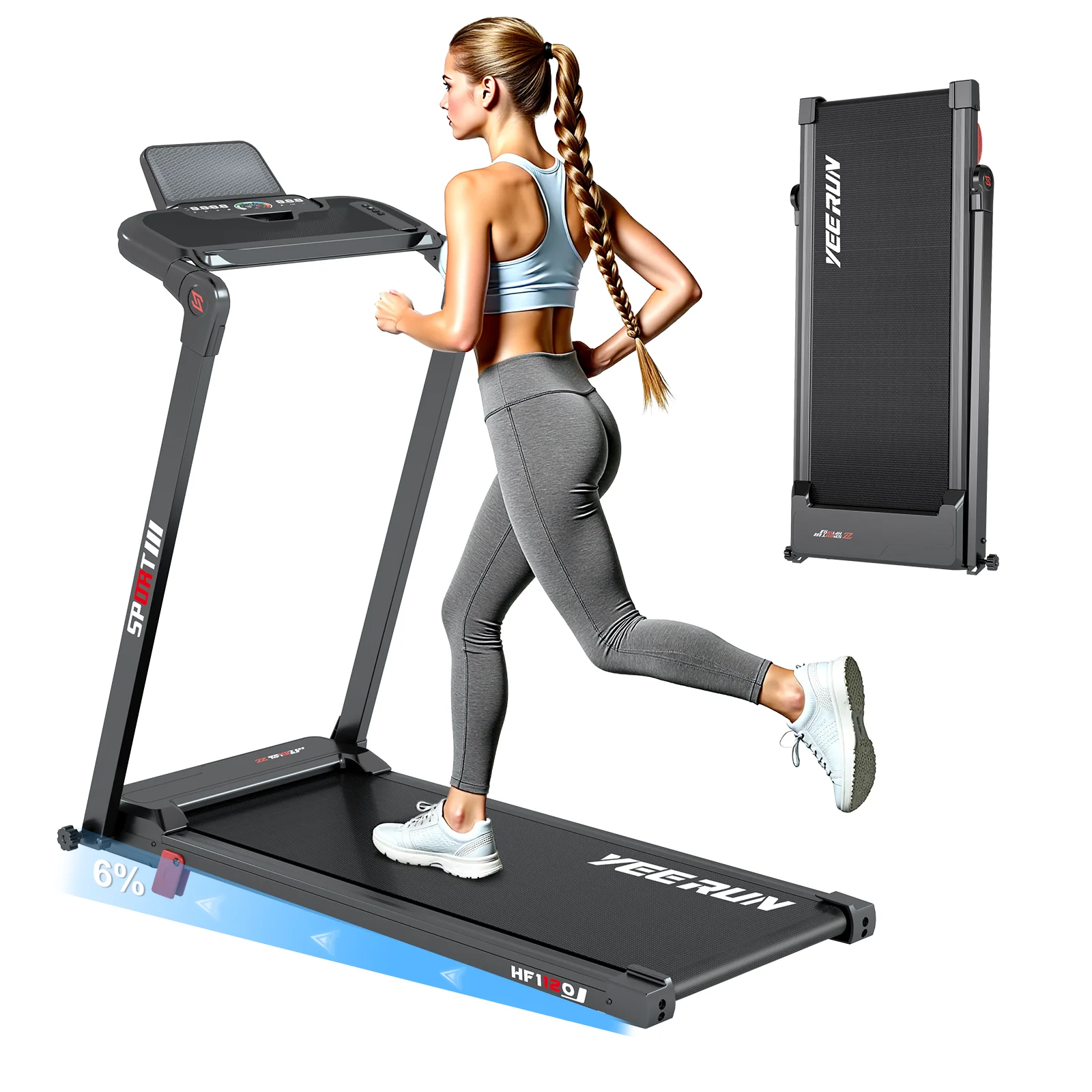 Kompaktes 5-in-1 klappbares Laufband mit 6% Steigung, bürstenlosem 3,0 PS Motor, LED-Touchscreen und Fernbedienung, einstellbare Geschwindigkeit von 1 bis 14 km/h, ideal zum Gehen und Laufen zu Hause.