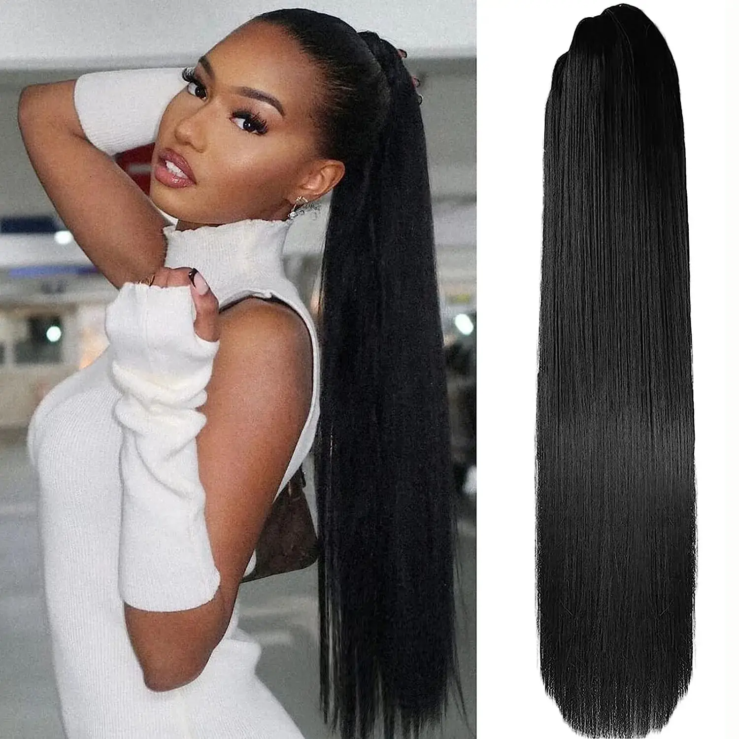 Straight Ponytail Clip ins Human Hair Extension #1B Color Drawstring Ponytail Clip ins Straight Human Hair 24 26inches For Girls