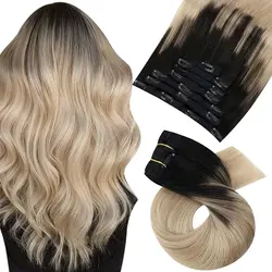 Moresoo Clip in Human Hair Extensions Brazilian Hair 70G/105G Natural Hair Extensions Straight #1B/18/60 Black Ombre Blonde Hair