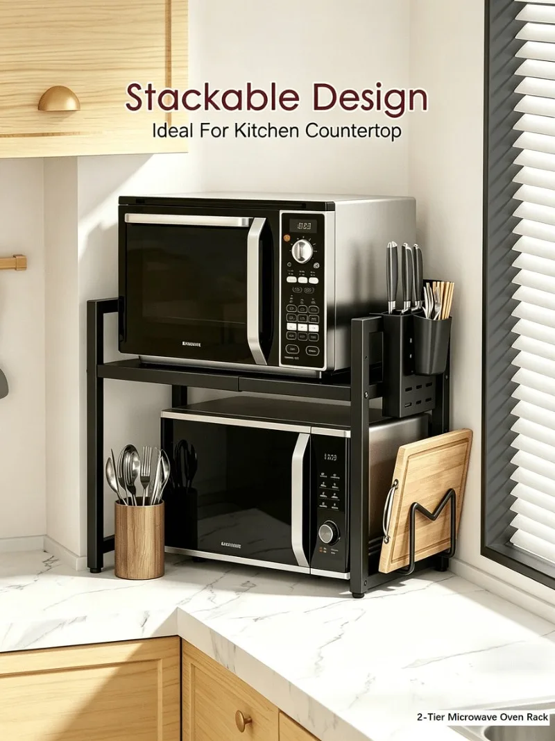 Kitchen Retractable Microwave Countertop Shelf, Heavy-Duty Kitchen Countertop Shelf, Suitable For Microwave Ovens, Coffee Makers, Toasters - Space Saving Shelves Under Cabinets, Black,White