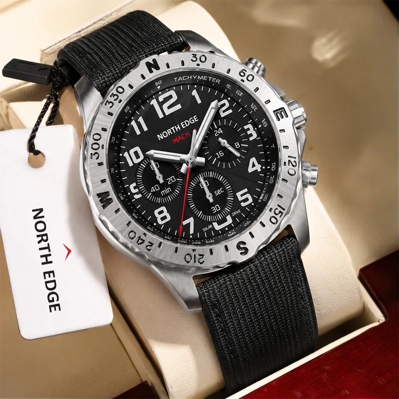 

NORTH EDGE 2026 MACH 2 Men's Watches Solar Power 316 stainless steel Case Quartz Watch For Men Pilot Waterproof 50M Stopwatch