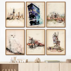 Magic World Castle Art Prints Magical Watercolor Poster Wizards Inspired The Burrow Canvas Painting Kids Room Wall Picture Decor