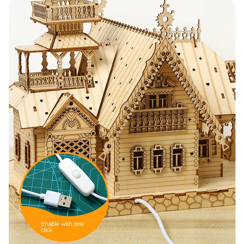 3D Wooden Puzzle Kid Adult DIY Model Kits Villa House Royal Castle with Light Assembly Toy Desk Decoration for Gift