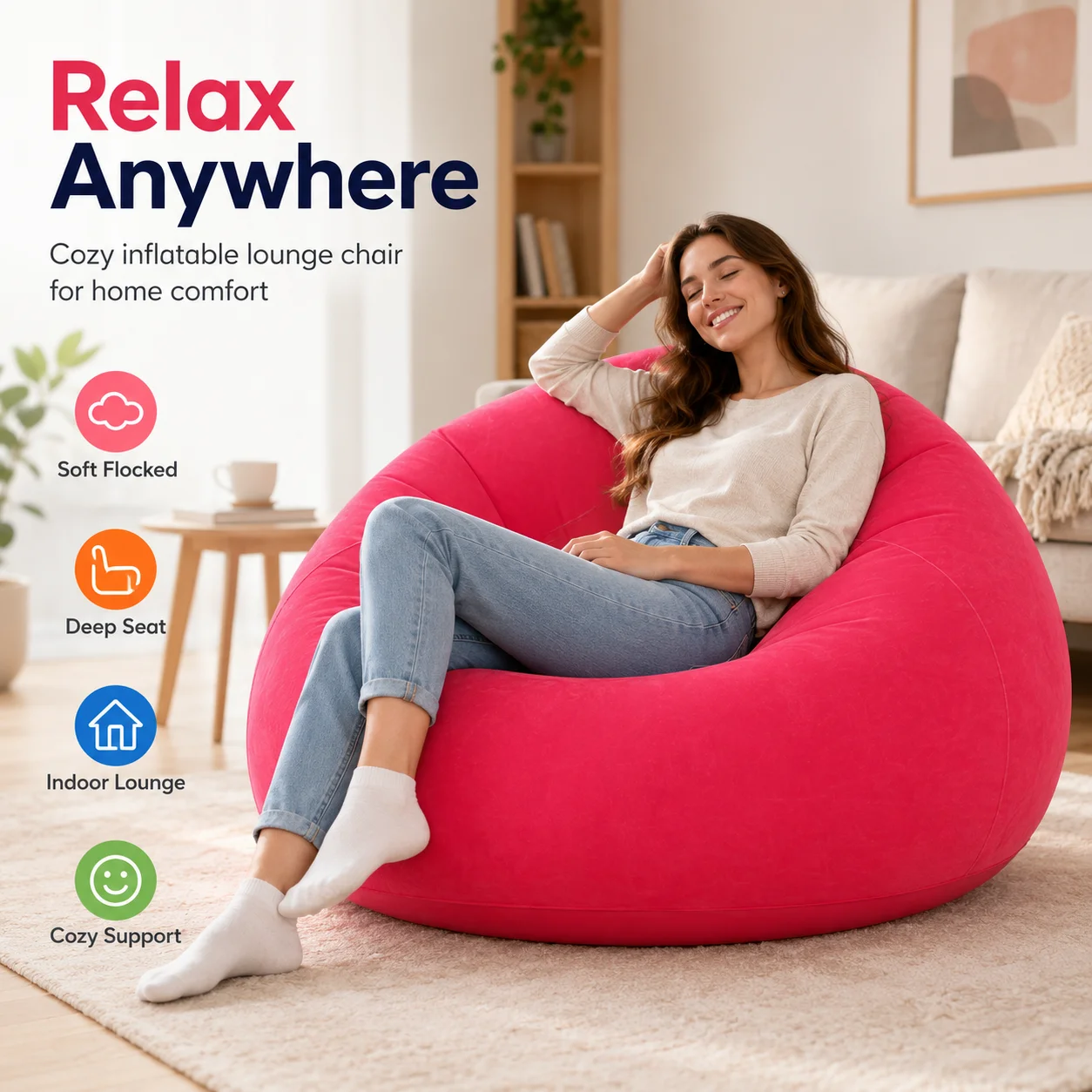 1PC Inflatable Bean Bag Chair, Lazy Sofa Air Lounge Seat with Foot Pump, Portable Flocked Floor Couch for Living Room Bedroom image 3