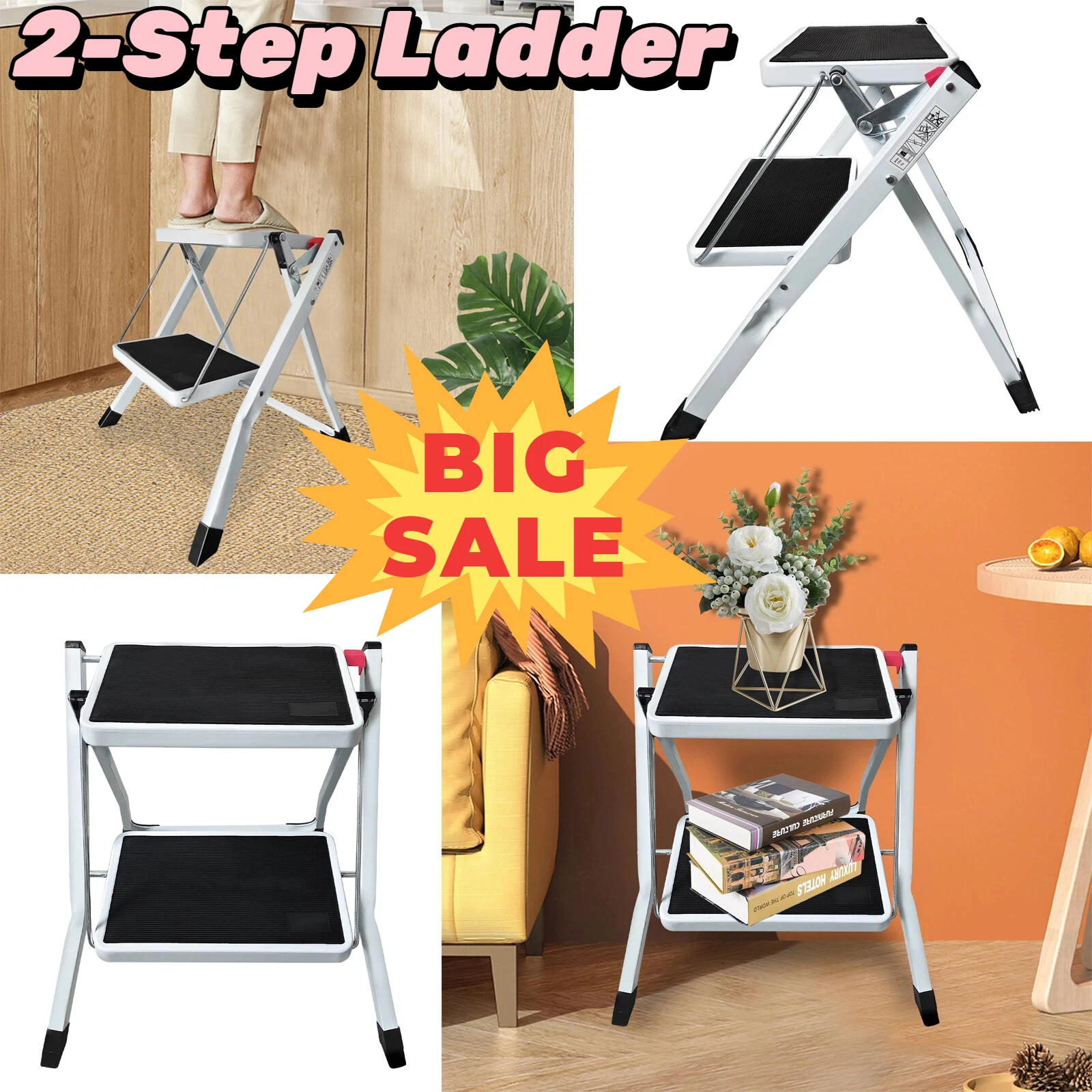 Taburete plegable de 2 escalones, escalera de acero resistente con plataforma ancha antideslizante, capacidad de 150 kg, ideal para caravanas, cocinas, hogares y garajes