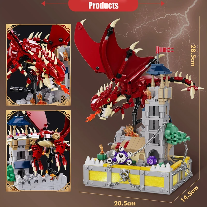 Kreatywny magiczny smok i osłona skarbów Wieża czarownic Bajka Model architektoniczny Zestaw klocków Monster Bricks Zabawka dla dzieci Gif