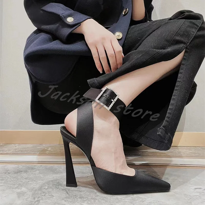 

Women Sexy High Heeled Sandals Silk Summer Elegant Square Buckle Dress Shoes 2024 Ladies Stiletto Diamond Pointed Toe Pumps