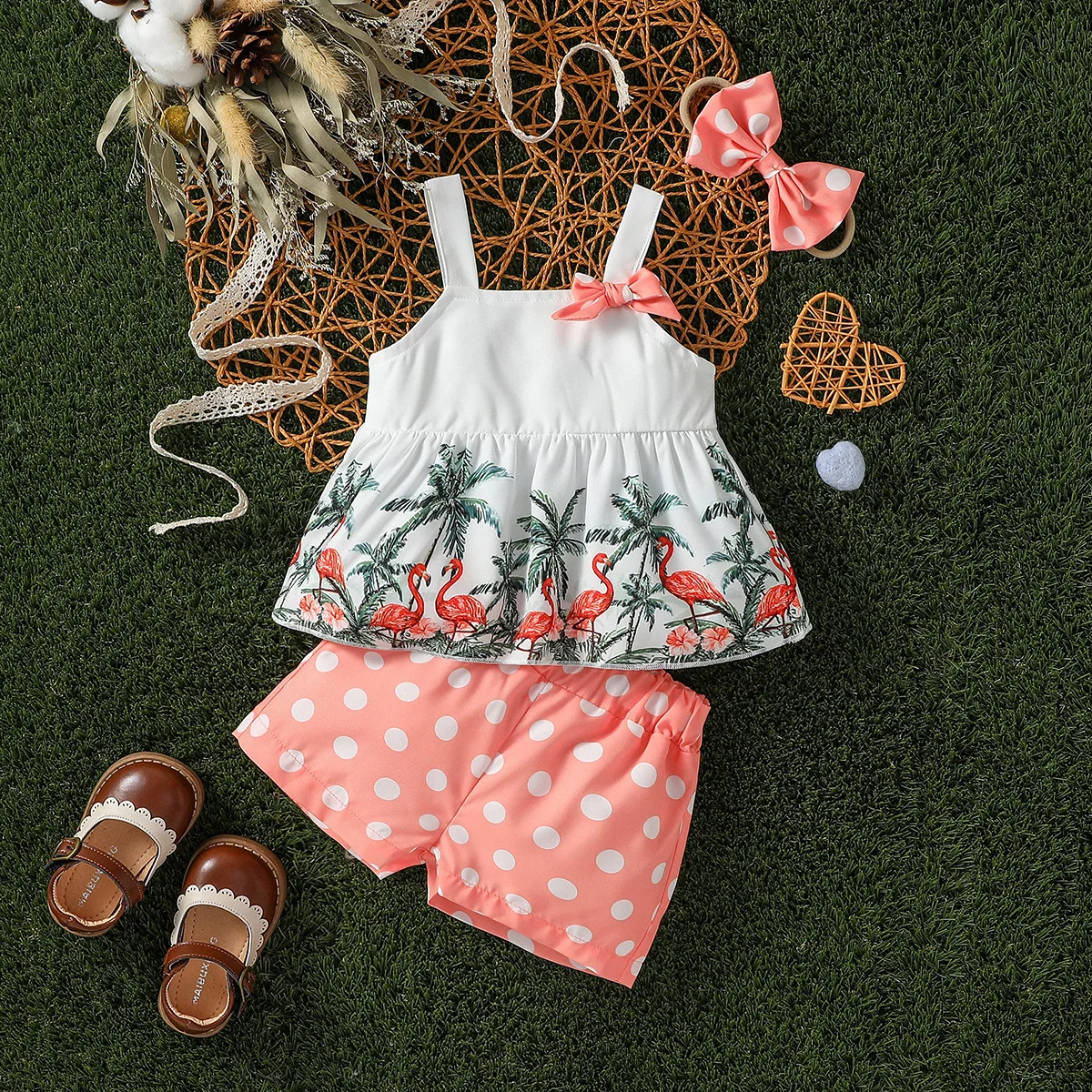 Baby Girls Summer 2Pcs T-shirt Printing Plants And Shorts With Polka dot Japan&Korean Daily Suit