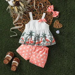 Baby Girls Summer 2Pcs  T-shirt Printing Plants And Shorts With Polka dot Japan&Korean Daily Suit