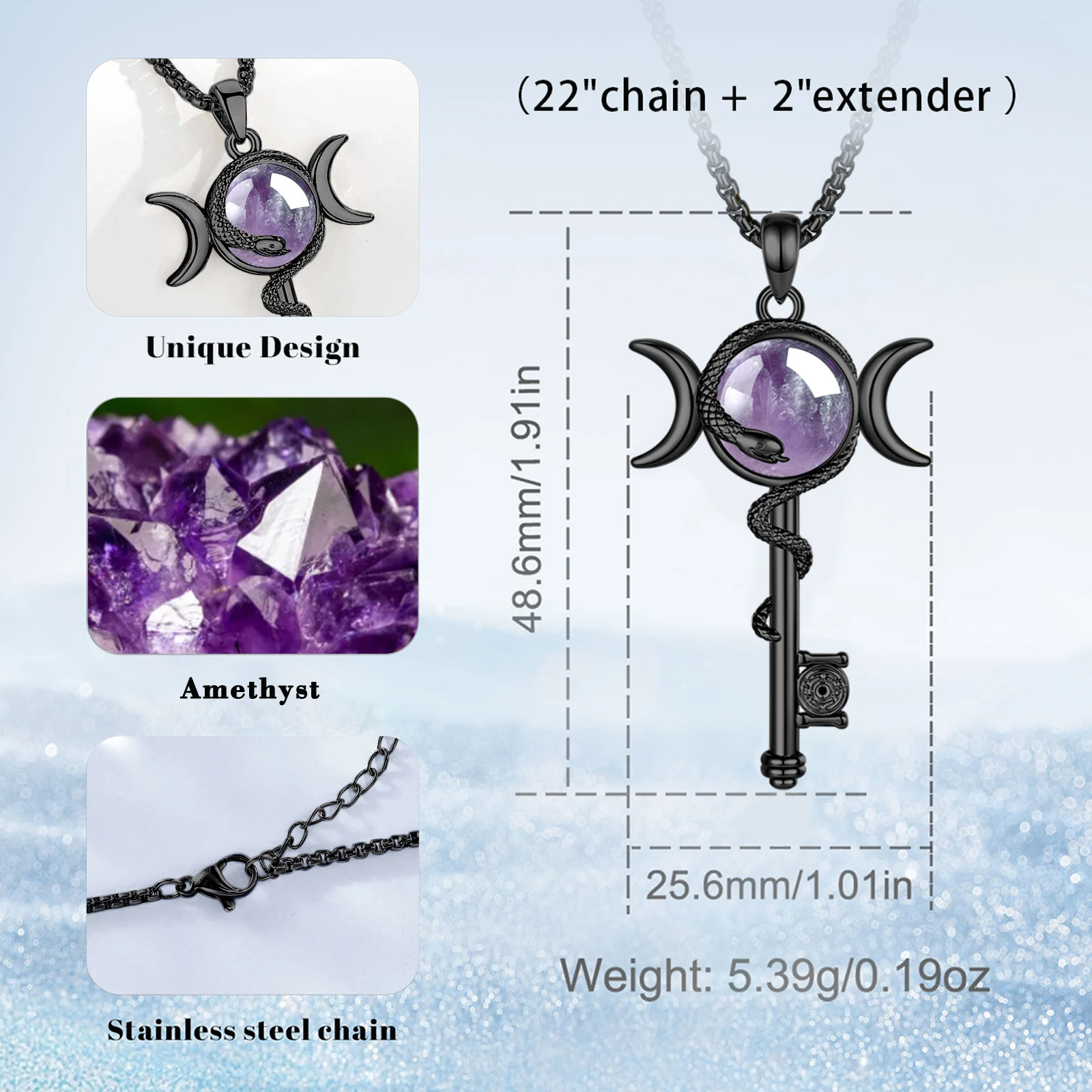Eudora Hecate Wheel Key Amethyst Necklace Triple Moon Goddess Snake Amulet Pendant Wicca Spiritual Jewelry Gift for Women Men