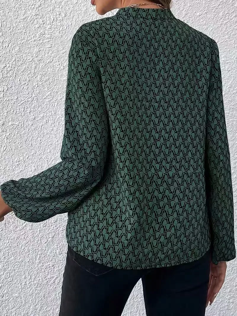 plus Size Women's Fashion Geometric Print Casual Versatile V-Neck Long Sleeve Top