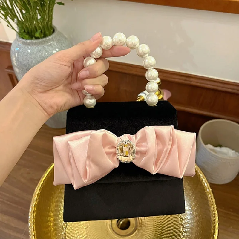 Bow Rhinestone Kelly Bag Pearls Stones Velvet Bags Evening Banquet Handbag Tote Square Sac Luxury Twinkle Crossbody Flap Pocket