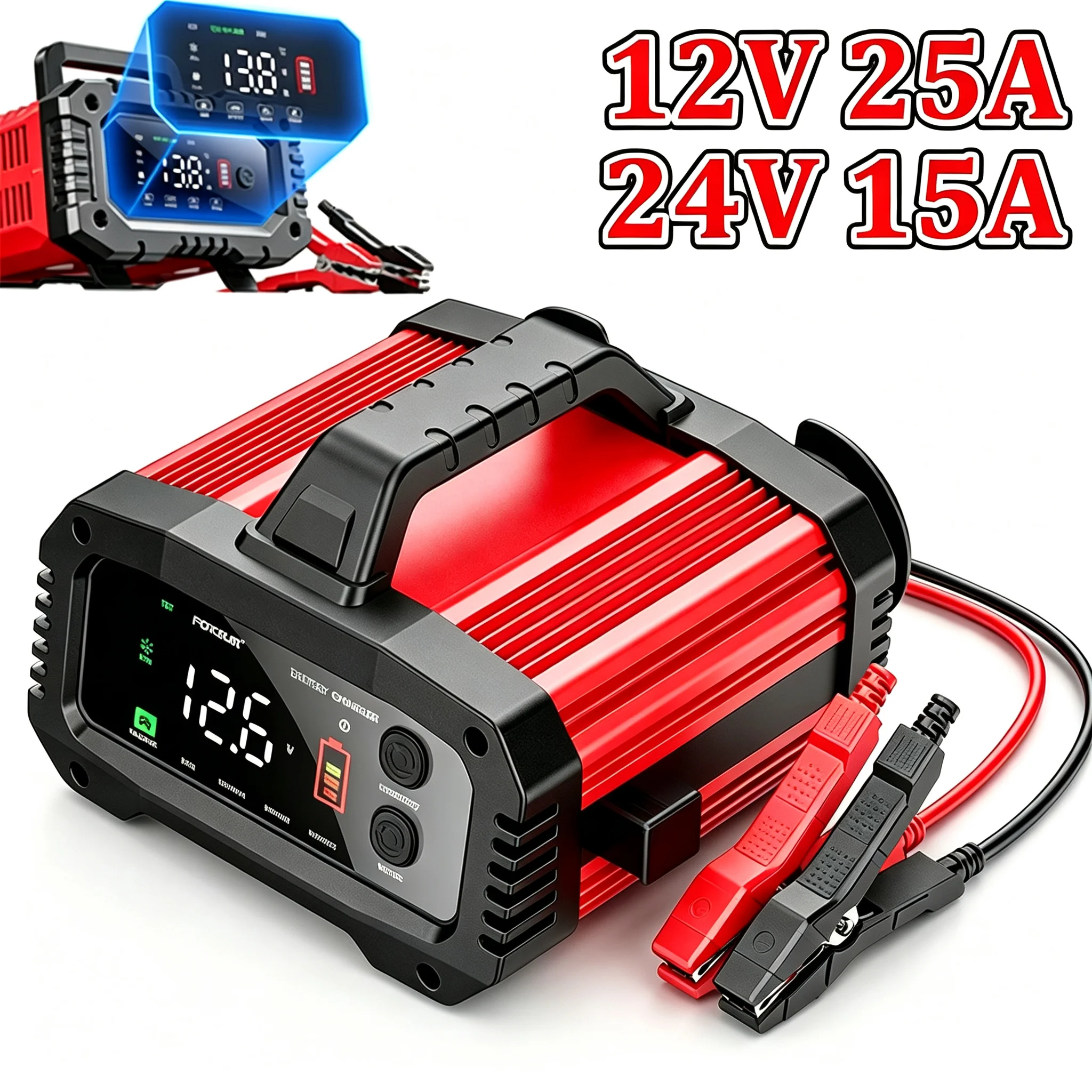 Bromose Tragbares 25A/15A Ladegerät für 12V-24V Motorrad-Blei-Säure-, AGM-, GEL- und LiFePo4-Batterien, Intelligentes Auto-Batterieladegerät mit Pulsreparatur-Funktion