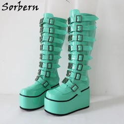 Sorbern Fashion Punk Style Boots Women Knee High Wedges Comfortable Buckles Straps Fetish Drag Queen Shoe Custom