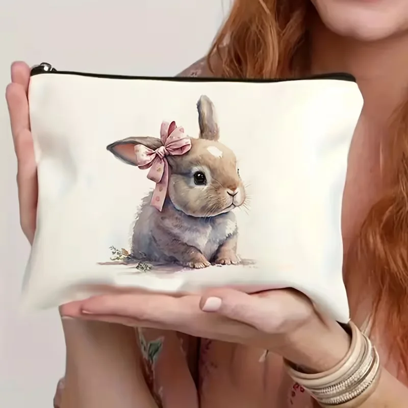 1Pc Cute Pink Bow Rabbit Retro Design Makeup Bag, Snack Storage Bag, Stationery Storage Bag, Fashionable Toiletry Bag, Canvas Double-Sided Printed Travel Bag