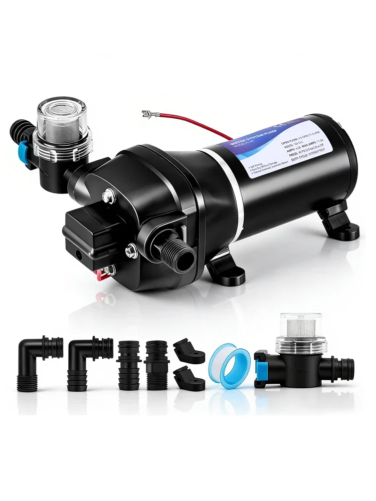 12V DC RV Wohnwagen-Wasserdruckpumpe, selbstansaugende Membranpumpe, 45 PSI, mit automatischem Druckschalter für Wohnmobile, Wohnwagen-Dusche, 12-mm-Anschlüsse