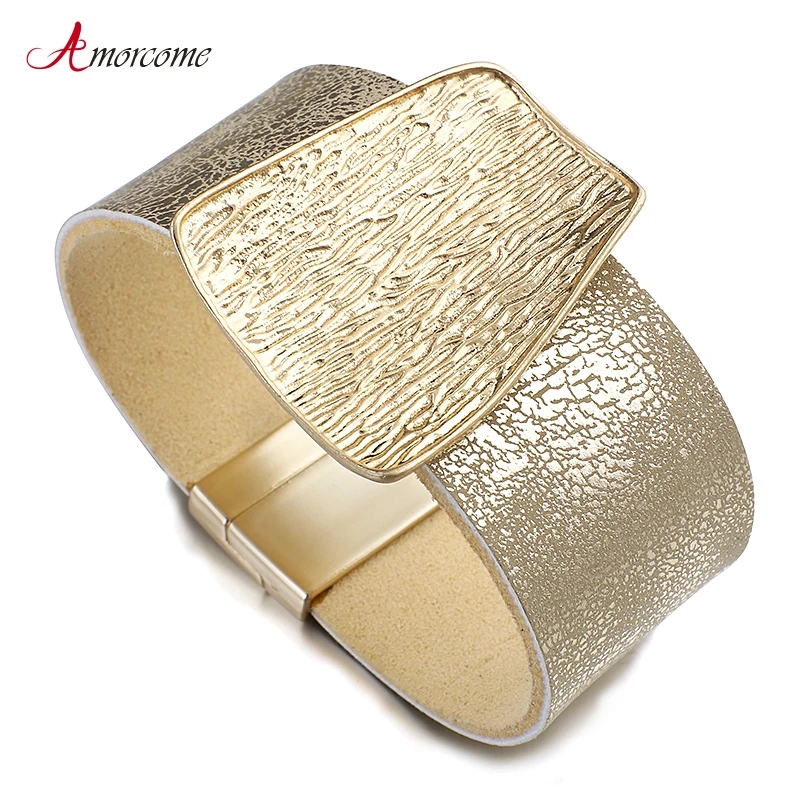 Amorcome Champagne Gold Color Metal Charm Genuine Leather Bracelet for Women Femme Fashion Wide Wrap Bracelets Bangles Jewelry