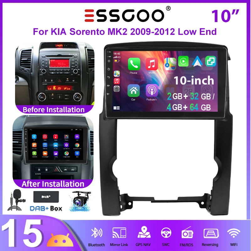 Autoradio ESSGOO 10" Android 15 4+64G 2+32G per Kia Sorento II XM 2009-2013 con CarPlay e Android Auto wireless navigazione GPS RDS FM WiFi Bluetooth ASP Mirror link schermo tattile controllo al