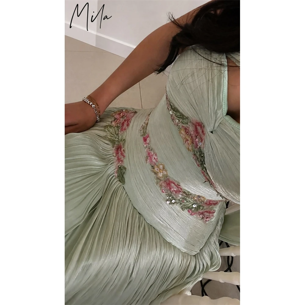 Mila Customized Green One Shoulder Floral Appliques Prom Dress A-line Ruched Formal Evening Floor-length Vestidos De Fiesta