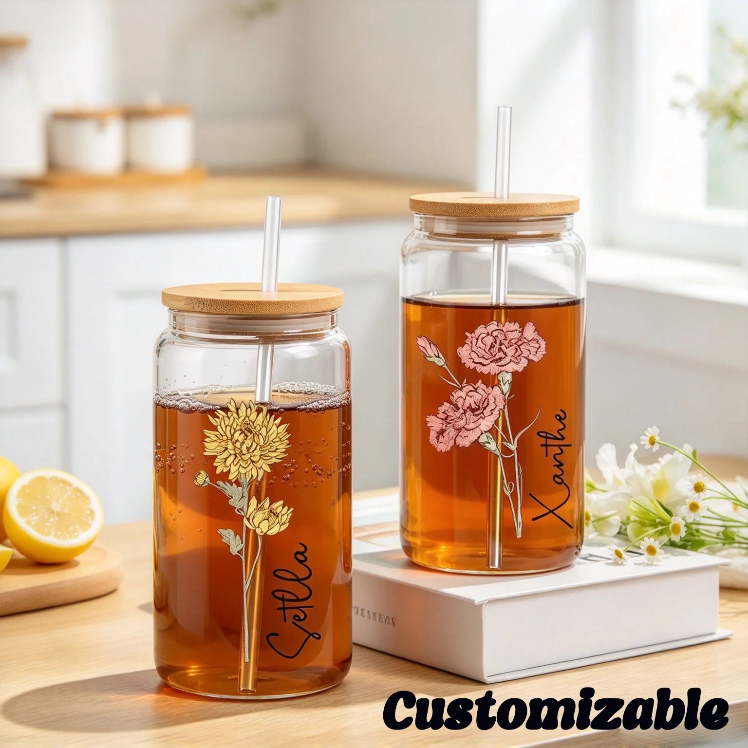 Custom Birth Flower Can Shaped Glass Tumbler with Bamboo Lid & Straw, Name Birth Month Flower Iced Coffee Cup Birthday Gift.