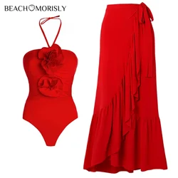 Bañador desmontable 3D de flores rojas para mujer, traje de baño y falda de una pieza, Bikinis de vacaciones, traje de baño