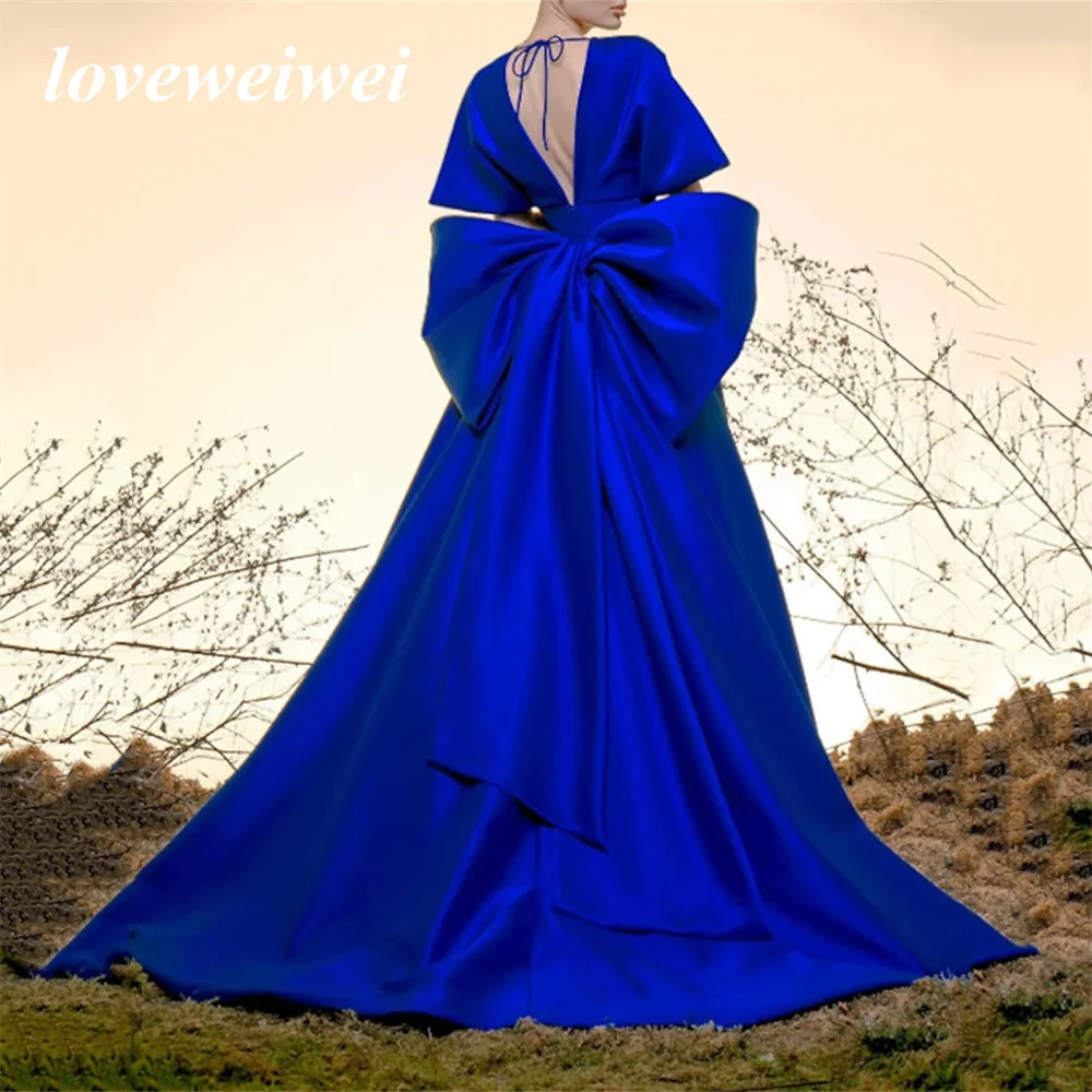 

Royal Blue Prom Dress A Line Stain Ball Gown Elegant Prom Formal Evening Dress V Neck Short Sleeve Court Train Satin With Bow