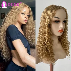 U Part Water Wave Human Hair for Women, Highlight Blonde, U Shape Wigs, Backing and Wavy, 27/613 Density, Machine Made Wig, 180 #