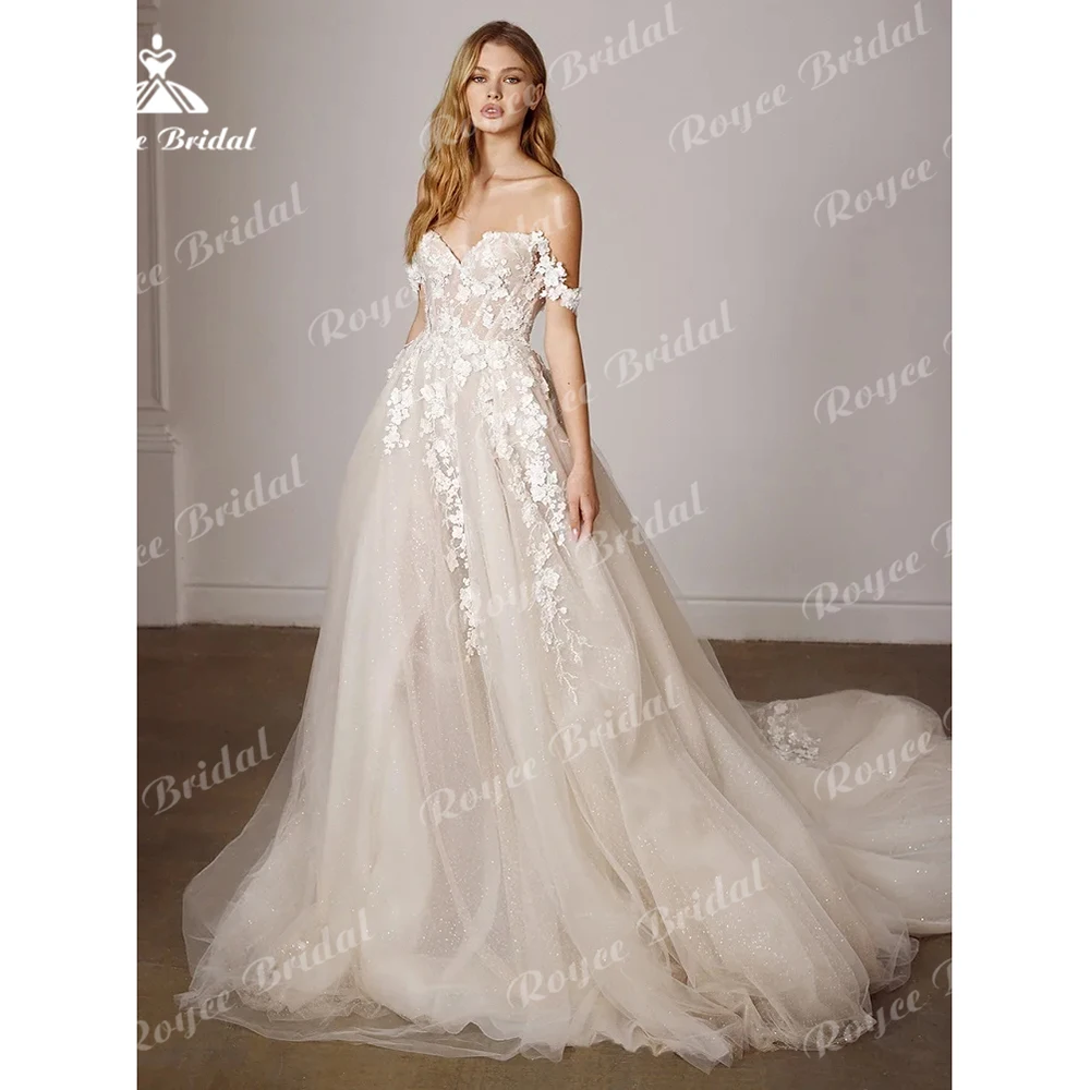 Abito da sposa di lusso in Tulle luccicante con spalle scoperte con fiori 3D ricamati Sweetheart Lace Up abiti da sposa su misura vestidos