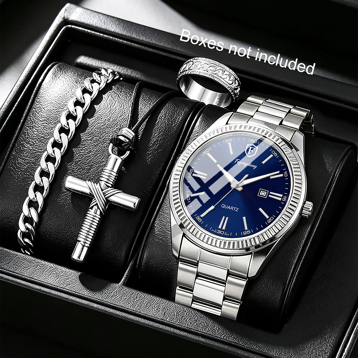 4-Piece Set of New Men's Watches, Made of Stainless Steel with Cross-Shaped Jewelry, a Sporty, Casual, and Romantic Gift