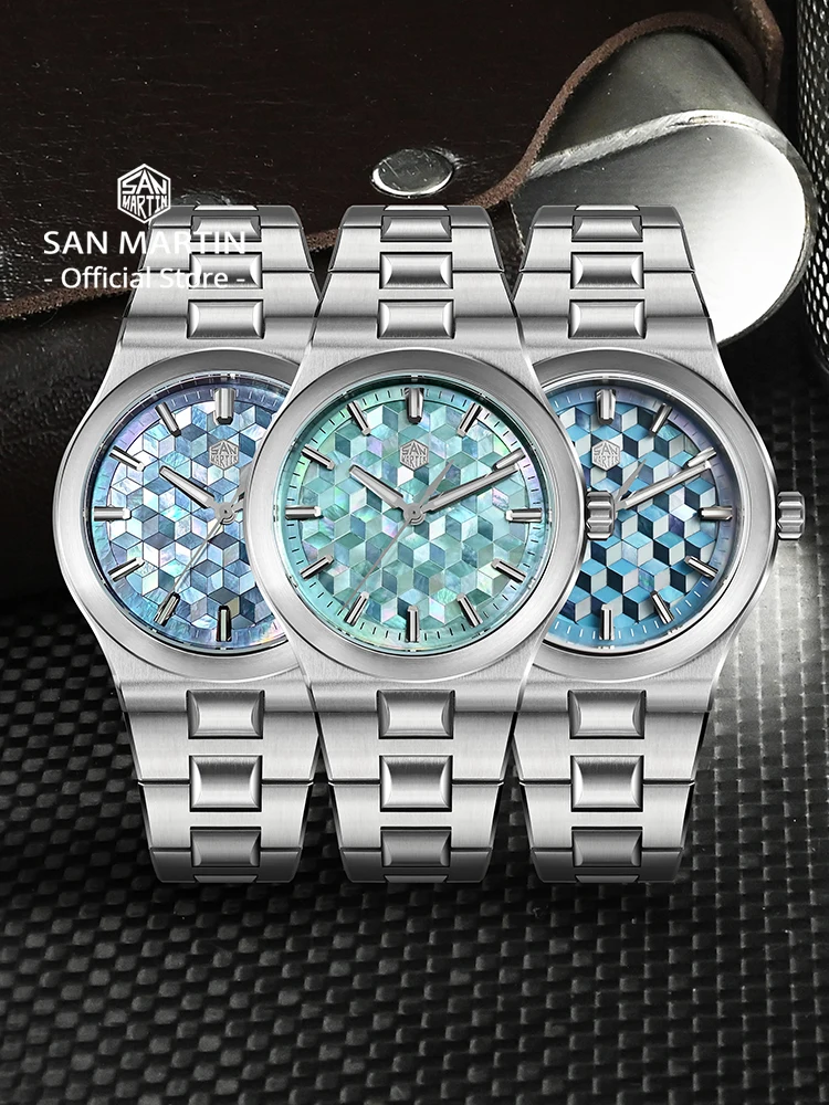 San Martin Original Design Spliced MOP Dial Integrated Bracelet Miyota 90S5 Automatic Mechanical Watches Men Sports Watch SN0149