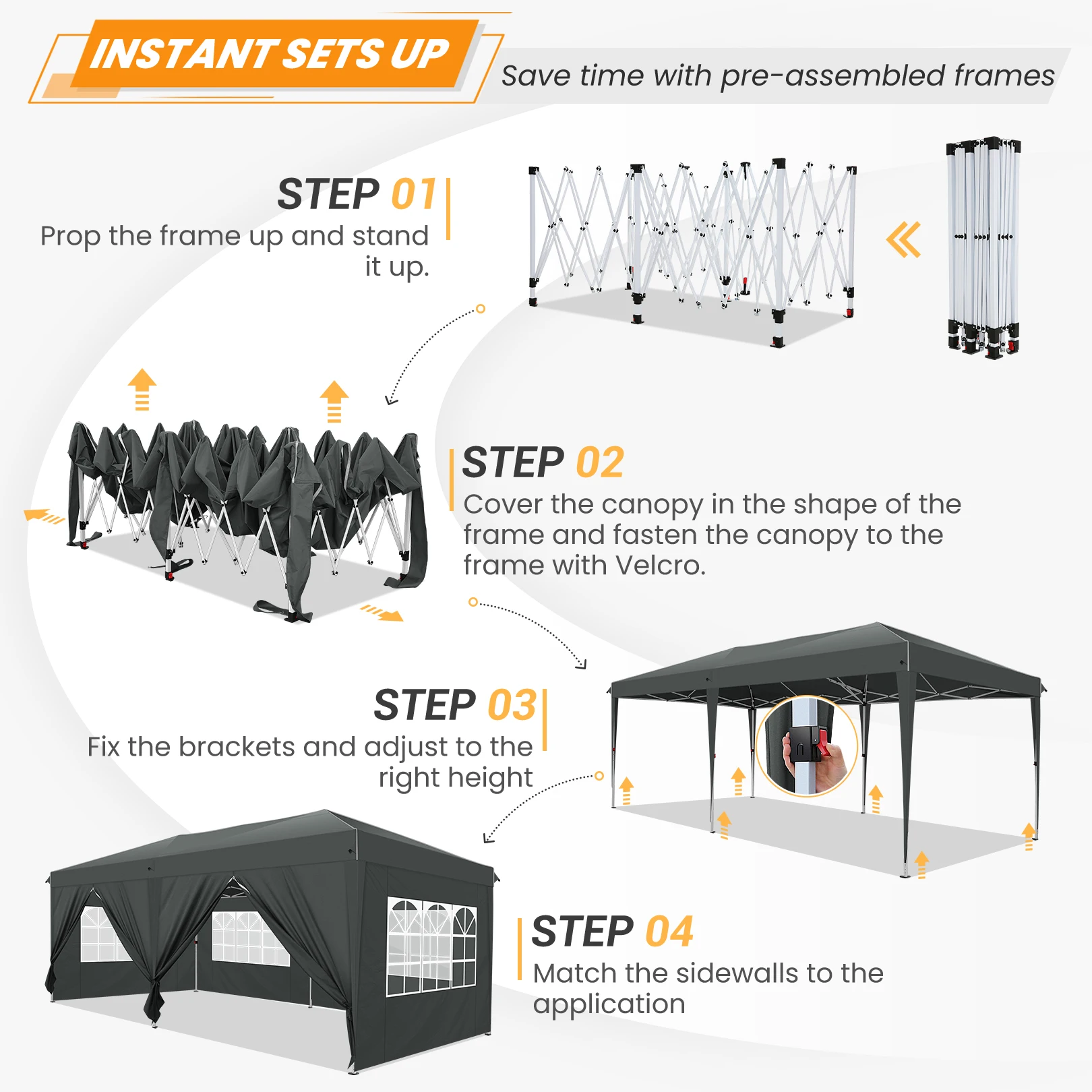 3x6m Pop-up Gazebo Foldable Party Tent with 6 Sidewalls, Easy Assembly for Weddings, Commercial Use, UV50+ Protection Steel Frame