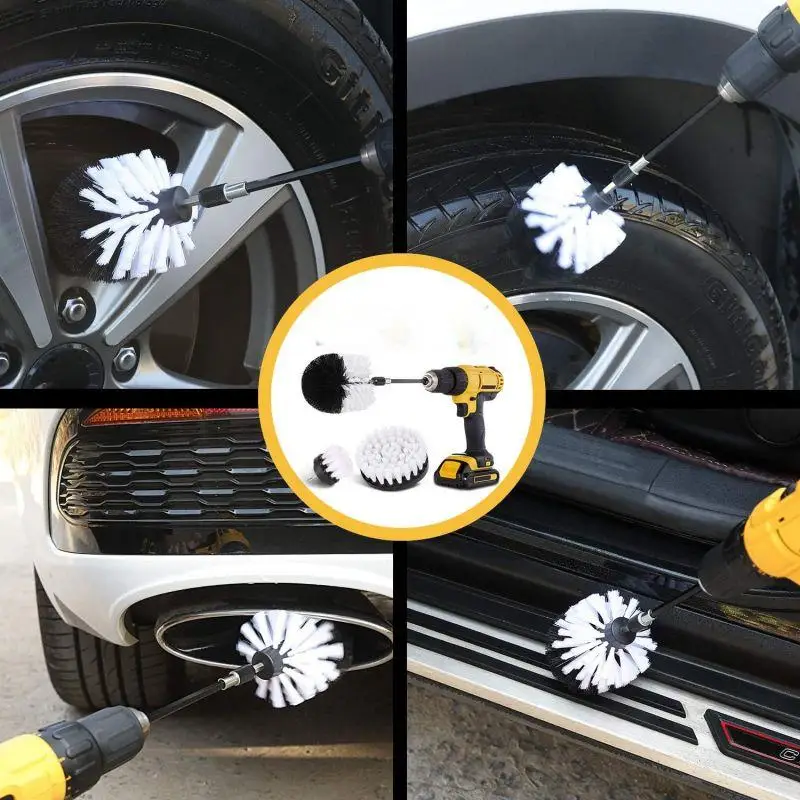 4pcs White Drill Brush Car Detailing Set Soft Bristle Floor Scrubber for Cleaning Boat Seats Carpet Interior and Shower Doors