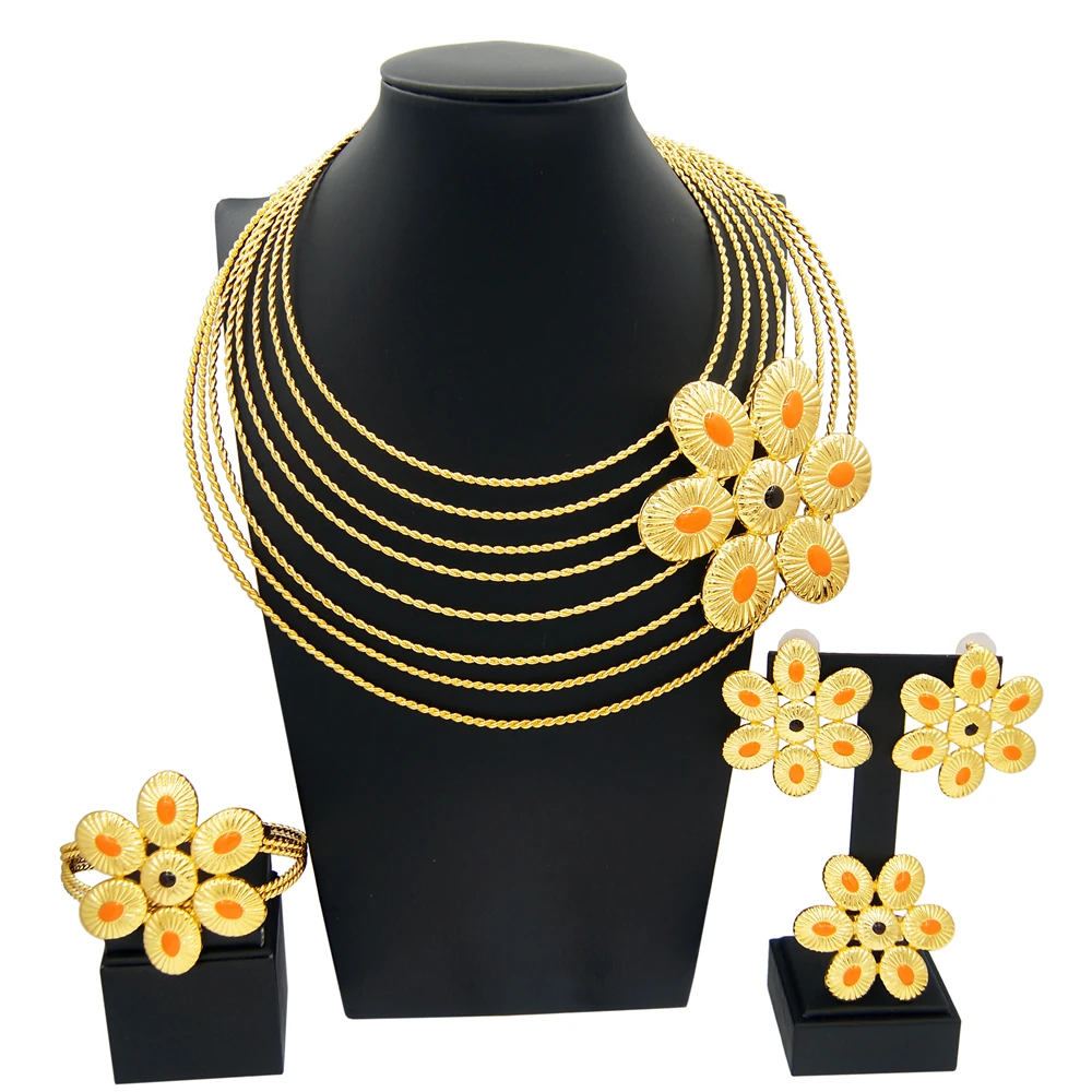 Necklace Jewelry Set 24K Gold Plated Original Women Brazil Gold Pendant Full Copper Coil Luxury Nigeria Luxury Wedding