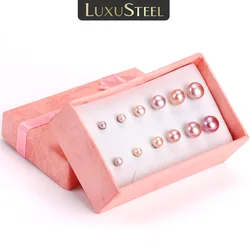 LUXUSTEEL 6pairs/Box Pink/White Freshwater Pearl Stud Earring For Women Stainless Steel Earring Sets Pendientes Mujer Party