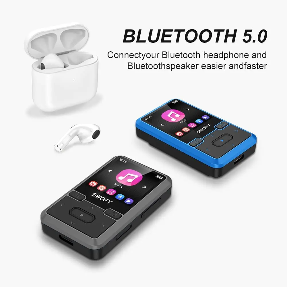 32GB Clip Mini Portable Wearable MP3 Player with Bluetooth 5.0 up to 128GB TF Card (Black)